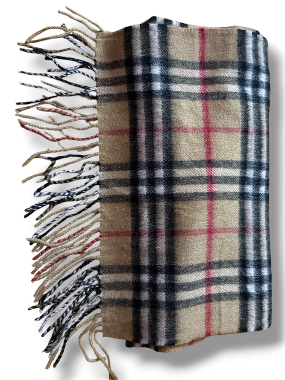 Burberry Beige Black & Red Plaid Fringe Scarf. Brand New